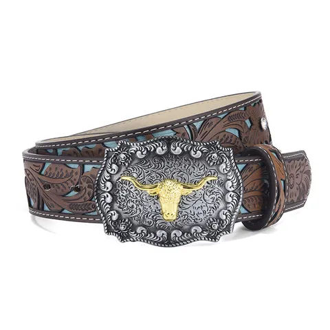 Western Cowboy Vintage Embossed PU Leather Belt For Men Women Punk Bull Head Carved Rhinestone Buckle Fashion Waist Belt
