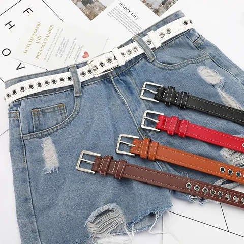 Cinturón de Cuero Sintético Punk con Ojales para Hombre Mujer Diseño Hueco Ajustable Correa de Cintura Hebilla de Aleación