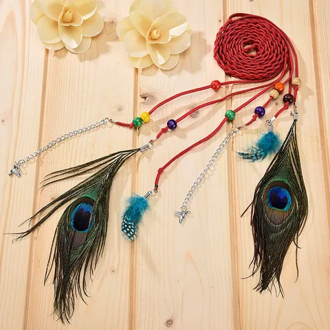 Boho Peacock Feather Braided Belt Women Vintage Multi-color Wooden Beads Metal Chain Dress Waistband Fashion Accessories