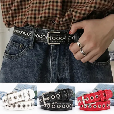 Cinturón de Cuero Sintético Punk con Ojales para Hombre Mujer Diseño Hueco Ajustable Correa de Cintura Hebilla de Aleación