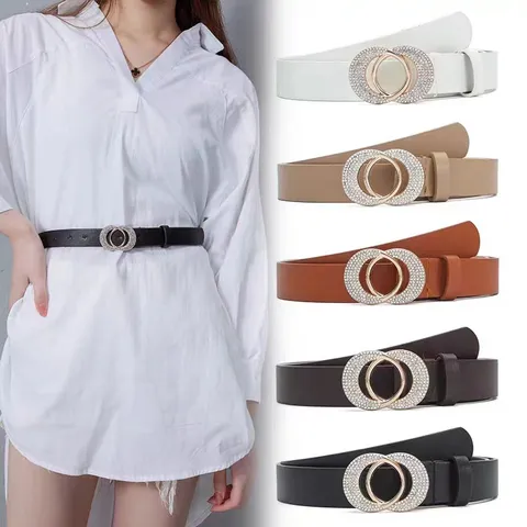 Fashion Women PU Leather Belt Double Ring Rhinestone Buckle Decorative Waist Strap For Jeans Dress