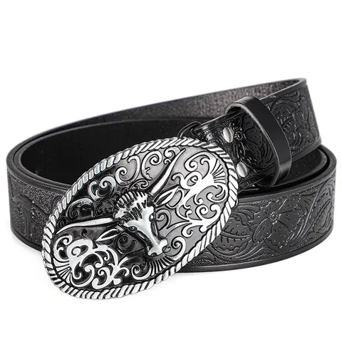 Mens Retro Punk Bull Skull Buckle PU Leather Belt Embossed Floral Pattern Casual Waist Strap Fashion Jeans Belt