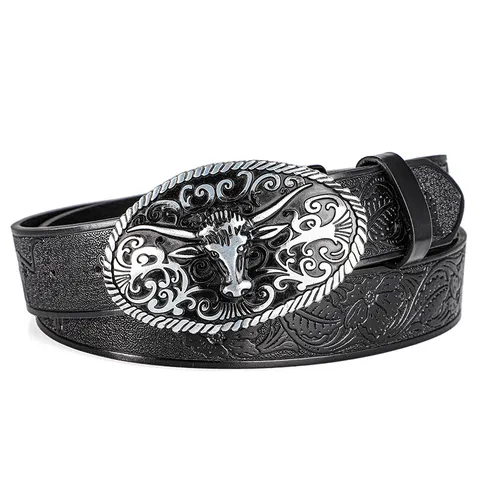 Mens Retro Punk Bull Skull Buckle PU Leather Belt Embossed Floral Pattern Casual Waist Strap Fashion Jeans Belt