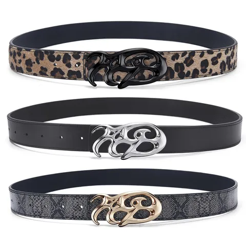 American Vintage Reversible PU Leather Belt For Women Men Leopard Snake Print Waist Belt Abstract Metal Buckle Streetwear Fashion Accessory