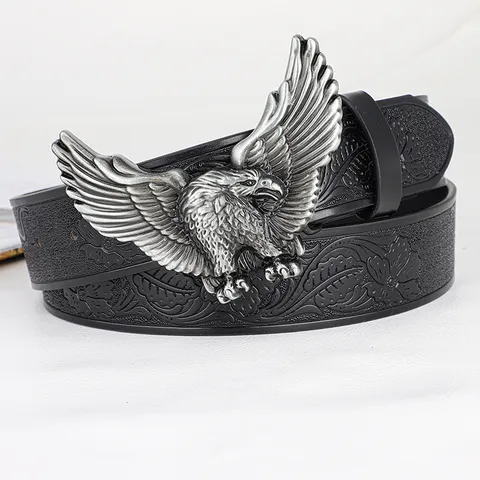 Men Vintage Western Leather Belt Eagle Head Metal Buckle Embossed Cowgirl Cowboy Belt Casual Fashion Waist Strap