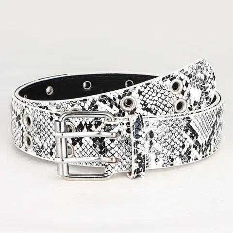 Women Retro Vintage Thin Belt PU Leather Snake Print Waistband With Double Prong Buckle For Jeans Dress