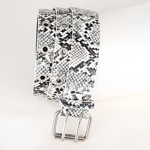 Women Retro Vintage Thin Belt PU Leather Snake Print Waistband With Double Prong Buckle For Jeans Dress