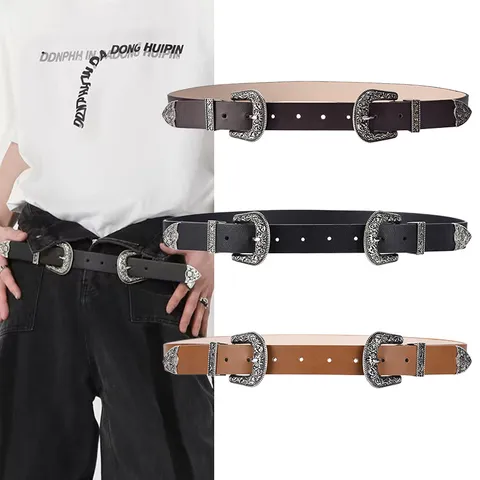 Women Vintage Western PU Leather Belt With Engraved Alloy Double Buckle Floral Pattern Hip Hop Fashion Waist Strap