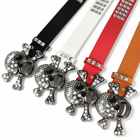 Retro Punk Skull Rhinestone PU Leather Belt Women Men Y2K Streetwear Pyramid Studded Waist Belt Fashion Rock Waistband
