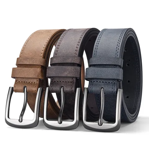 Men Retro PU Leather Belt With Alloy Pin Buckle Distressed Frosted Double Stitching Business Casual Workwear Waistband For Jeans