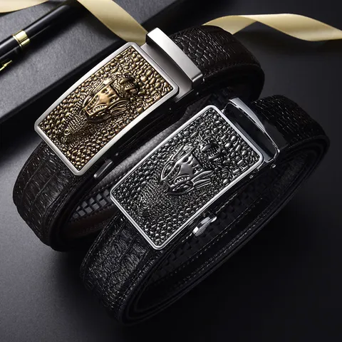 Men Genuine Leather Crocodile Head Automatic Buckle Belt Vintage Business Casual Embossed Crocodile Pattern Waist Strap