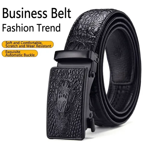 Men Genuine Leather Crocodile Head Automatic Buckle Belt Vintage Business Casual Embossed Crocodile Pattern Waist Strap