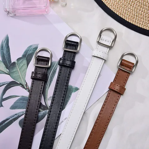 Women Minimalist Thin PU Leather Belt Simple D-Ring Buckle Holeless Adjustable Waist Belt For Jeans Dress Daily Fashion Belt
