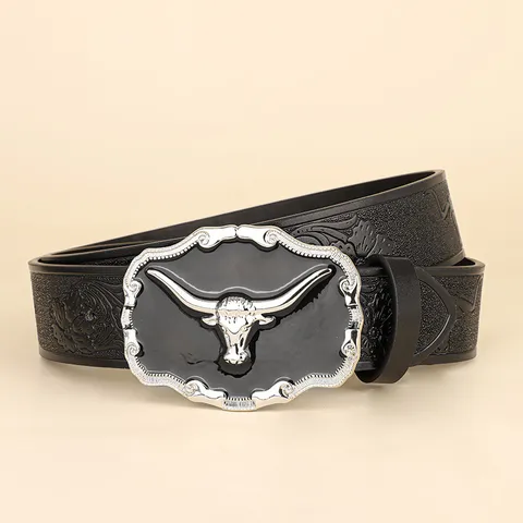 Vintage Western Cowboy Men Belt Alloy Bull Head Buckle Embossed PU Leather Strap Casual Fashion Pants Belt