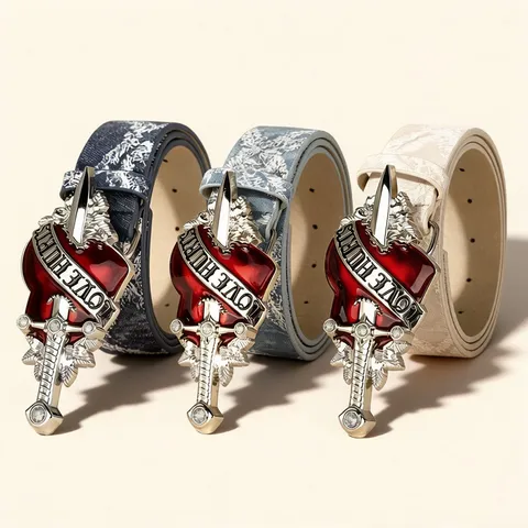 Retro Punk Style PU Leather Belt For Women Men Vintage Washed Texture Heart Cross Metal Buckle Jeans Waist Belt