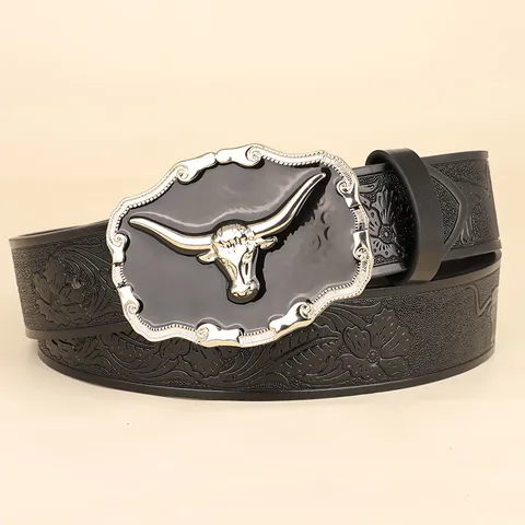 Vintage Western Cowboy Men Belt Alloy Bull Head Buckle Embossed PU Leather Strap Casual Fashion Pants Belt