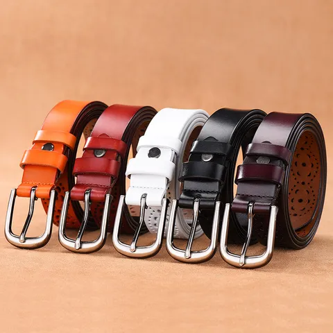 Fashion Retro Genuine Leather Belt Women Men Hollow Flower Carved Waistband Alloy Pin Buckle Korean Casual Jeans Decoration