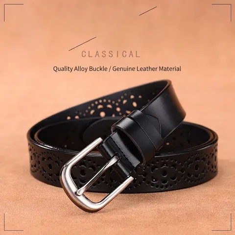 Fashion Retro Genuine Leather Belt Women Men Hollow Flower Carved Waistband Alloy Pin Buckle Korean Casual Jeans Decoration