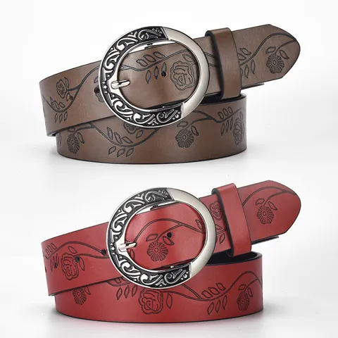 Women Vintage Wide PU Leather Belt Floral Embossed Punk Style Alloy Carved Round Buckle Fashion Decorative Waist Belt For Jeans Pants