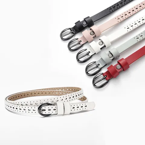 Women Thin Belt With Alloy Pin Buckle Minimalist Hollow Out PU Leather Waistband For Dresses Jeans Decorative Accessory