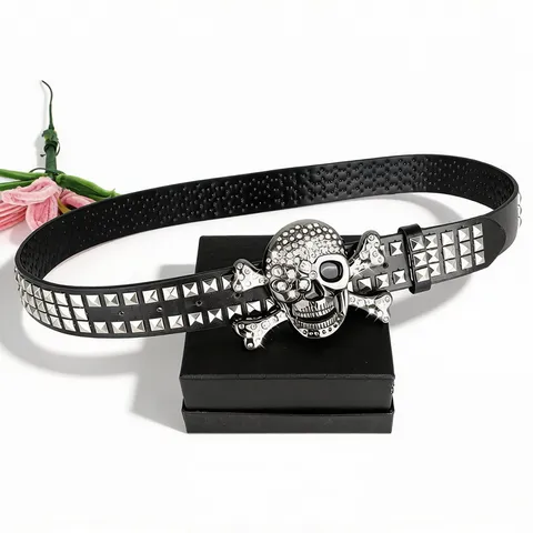 Retro Punk Skull Rhinestone PU Leather Belt Women Men Y2K Streetwear Pyramid Studded Waist Belt Fashion Rock Waistband