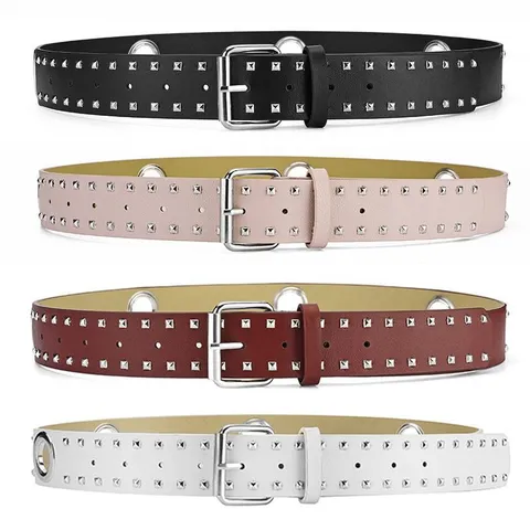 Unisex Punk PU Leather Belt Metal Double Grommet Eyelet Rivet Pin Buckle Adjustable Casual Trousers Belt