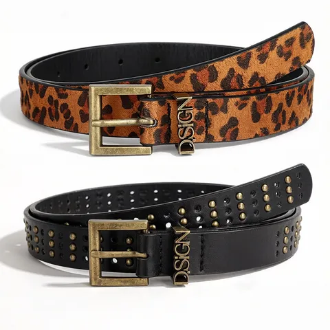 Women's Punk Punk PU Leather Belt With Rivets Leopard Print Hollow Out Design Vintage Letter Buckle Trendy Waist Belt For Jeans