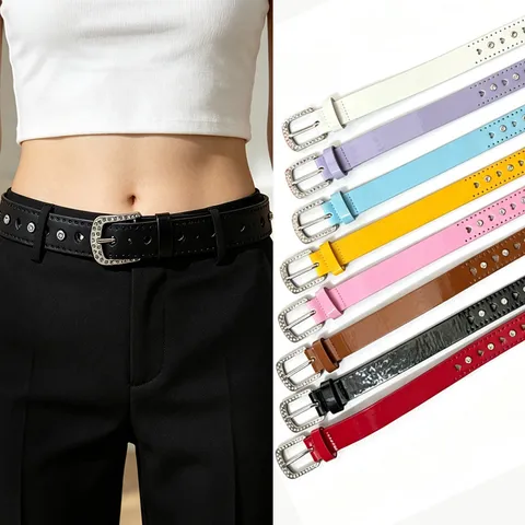 Women's Heart Cutout Rhinestone Belt Sweet Cool Glossy PU Leather Waistband With Inlaid Diamond Pin Buckle Y2K Fashion Waist Belt For Jeans Dress