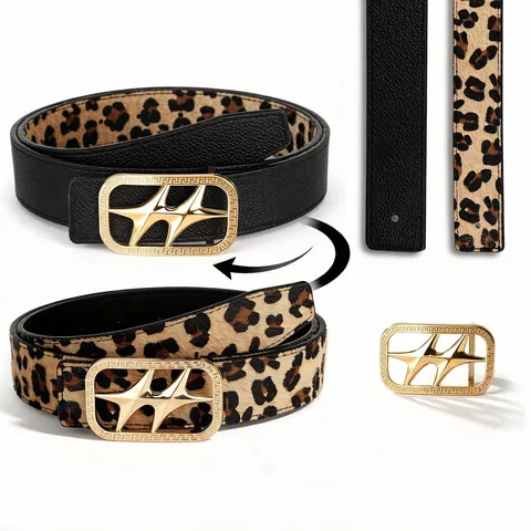Retro Double Sided Reversible Belt For Men Women Star Buckle Leopard Snake Pattern Faux Leather Waistband Casual Formal Belt