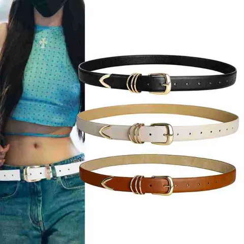 Versatile Faux Leather Belt For Men Women Gold Tone Metal Pin Buckle Three Ring Design Casual Jeans Waist Belt