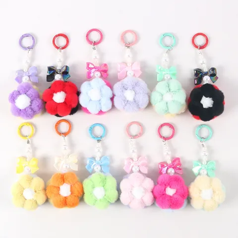 Handmade Beaded Plush Flower Keychain For Women Cute Bag Pendant With Artificial Pearl Bow Plastic Hook Phone Charm Accessory