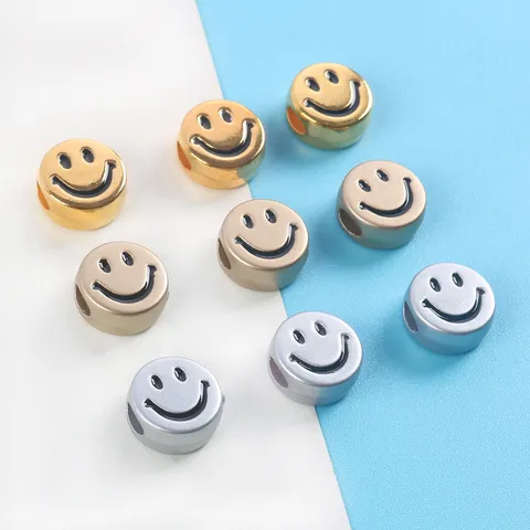 Metallic Finish Smiley Face Acrylic Beads Large Hole Flat Round Loose Beads For DIY Bracelet Necklace Jewelry Making Finding