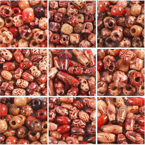Natural Wood Beads Large Hole Printed Floral Pattern Barrel Round Spacer Beads For DIY Jewelry Making Bracelet Accessories Vintage Style