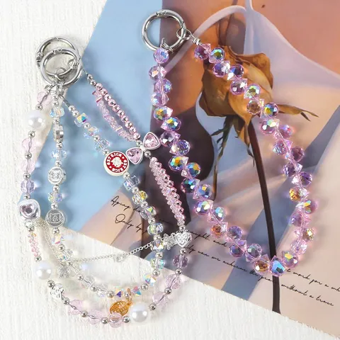 Bling Crystal Beads Phone Lanyard Wrist Strap Artificial Pearl Rhinestone Charms Pendant Anti Lost Telephone Wristlet Chain Keychain Decoration