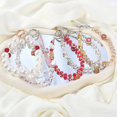 Bling Crystal Beads Phone Lanyard Wrist Strap Artificial Pearl Rhinestone Charms Pendant Anti Lost Telephone Wristlet Chain Keychain Decoration