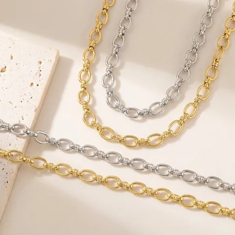 18K Verguld Roestvrij Staal Ronde Cubaanse Schakelketting en Armband Sieradenset voor Vrouwen Retro Minimalistische Mode Sieraden