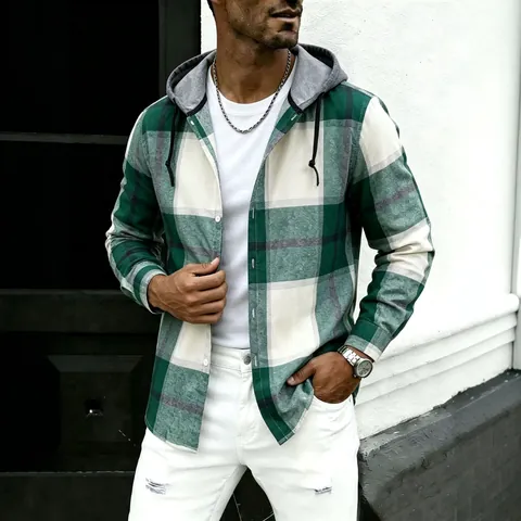 Camicia da Uomo Casual a Quadri con Cappuccio Manica Lunga Stile Coreano Alla Moda Camicia a Bottoni per Primavera Autunno