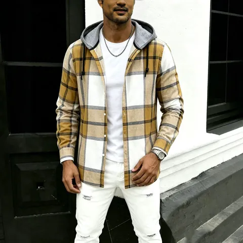 Camicia da Uomo Casual a Quadri con Cappuccio Manica Lunga Stile Coreano Alla Moda Camicia a Bottoni per Primavera Autunno