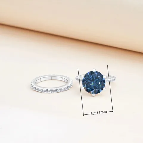 Juego de Anillos de Lujo de Plata de Ley 925 con Moissanita para Mujer Color D VVS1 Corte Redondo Anillo de Compromiso Alianza de Boda Joyería