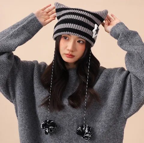 Cute Cat Ear Striped Knitted Beanie Hat Y2K Devil Style With Star Patch And Pom Poms For Women