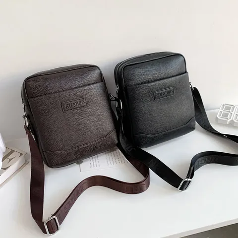 Men Business Casual PU Leather Crossbody Bag Fashion Large Capacity Multi Compartment Vertical Shoulder Bag Waterproof Daily Work