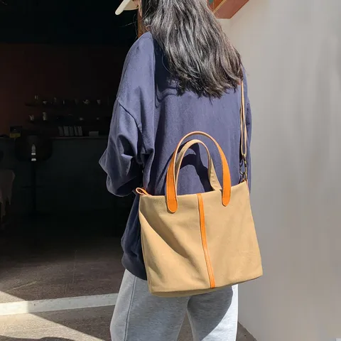 Sac Fourre-Tout en Toile Grande Capacité pour Femmes Multi-Compartiment Couleur Contrastée Sac à Bandoulière Avec Sangle Réglable Quotidien