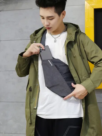 Men Slim Anti-Theft Chest Bag Waterproof Nylon Crossbody Sling Bag For Sports Motorcycle Riding Gray Blue Holster Style Bag