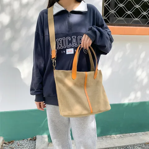 Sac Fourre-Tout en Toile Grande Capacité pour Femmes Multi-Compartiment Couleur Contrastée Sac à Bandoulière Avec Sangle Réglable Quotidien
