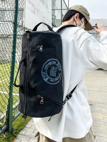 Unisex Heavyweight Canvas Cylindrical Travel Bag Large Capacity Duffel Bag For Gym Sports Weekend Trip With Shoulder Straps