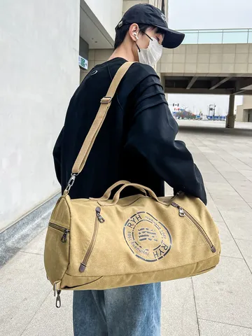 Unisex Heavyweight Canvas Cylindrical Travel Bag Large Capacity Duffel Bag For Gym Sports Weekend Trip With Shoulder Straps
