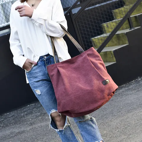 Women Large Capacity Canvas Tote Bag Casual Vintage Shoulder Bag Mori Style Solid Color Handbag for Travel Daily