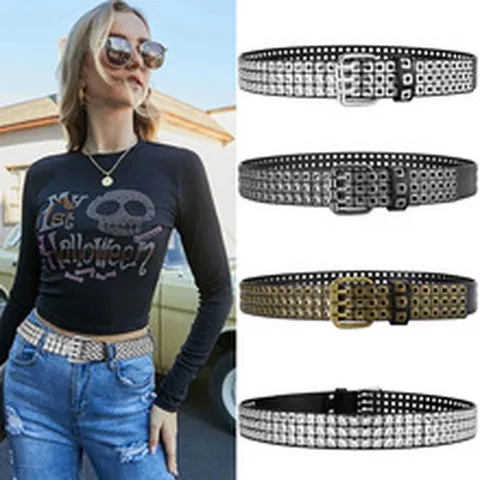 Punk Stil PU Leder Gürtel Für Männer Frauen Niete Drei Reihen Öse Dornschließe Casual Straße Trendige Taillengürtel