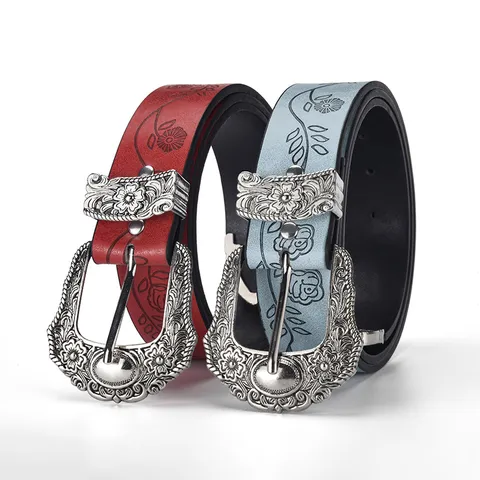 Women Retro PU Leather Belt Floral Leaf Print Bohemian Waist Strap With Carved Alloy Buckle For Jeans Dress