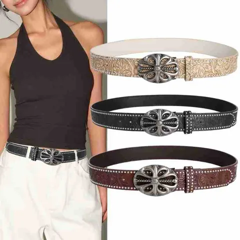 Vintage Western Cowboy PU Leather Belt Women Metal Flower Buckle Rivet Studded Punk Casual Waist Belt